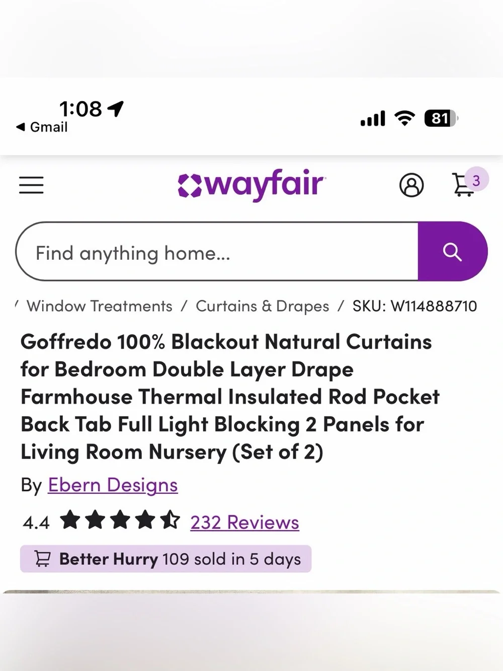 Wayfair 52x84 inch blackout curtains - three sets of two each